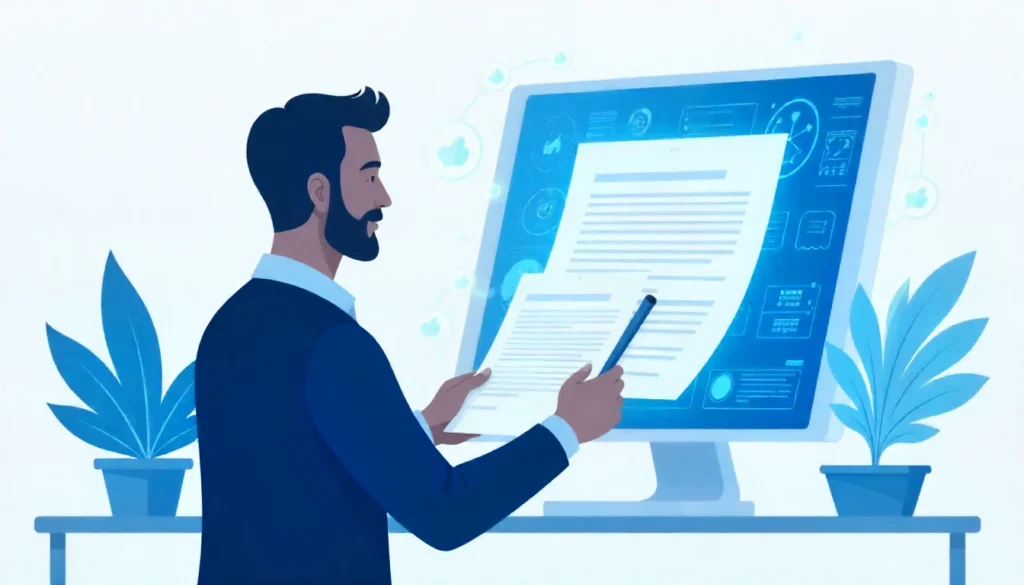 Illustration of man reading terms of use